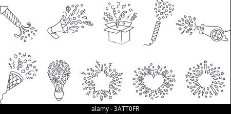Hand drawn confetti blast. Party popper doodle, celebration burst and fireworks, surprise box, cannon and frame with streamers and confetti splashes Stock Vector