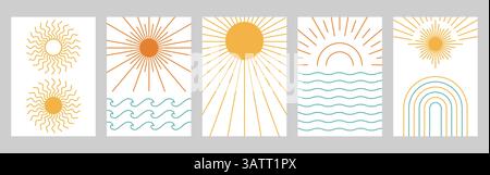 Boho sun poster backgrounds. Abstract sun rays, bohemian wall art prints with sunrise and sea waves. Minimalist decor with sunbeams, arches and Stock Vector