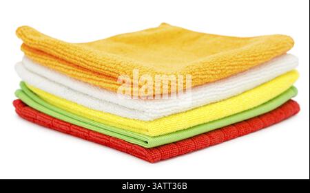 Colorful microfiber cleaning towels, over white background Stock Photo