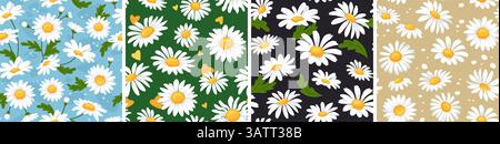 Chamomile daisy flower seamless patterns. Daisies bloom, summer garden blossoms and field flowers. Nature botanical cartoon wallpaper and floral Stock Vector