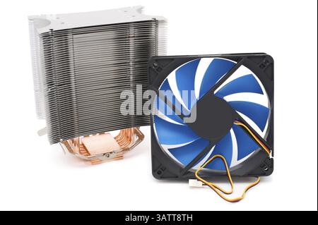 Powerful cooler for computer central processor unit and nine vaned blue fan over white background Stock Photo
