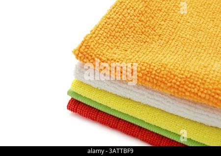 Colorful microfiber cleaning towels, over white background, copy space Stock Photo