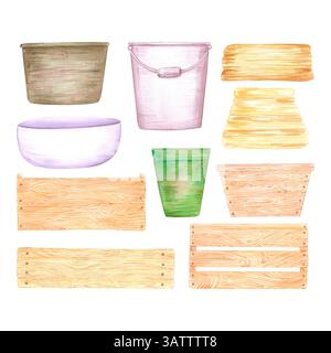 Hand drawn watercolor set of wooden boxes, pots and buckets isolated on white background. Can be used for postcard, label, scrapbook and other printed Stock Photo