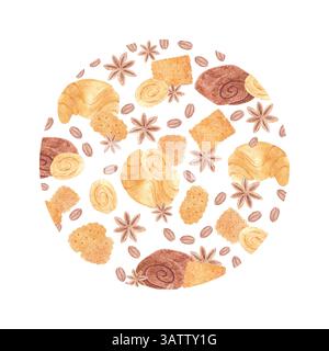 Hand drawn watercolor buns and coffee beans round frame border. Illustration of food isolated on white background. Can be used for postcard, label, sc Stock Photo