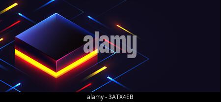 Brightly glowing glass computer chip on circuit board. Technology background. CPU processor on tech bg. Computer microchip on motherboard. Vector illustration Stock Vector