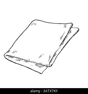 Folded linen napkin, black and white ink sketch. Vector illustration. Kitchen towel, insulated on a white background. It is drawn in a simple style. F Stock Vector