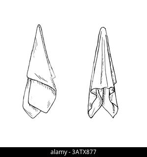 Hanging kitchen towels, black and white ink sketch. Vector illustration. A set of linen and cotton napkins, isolated on a white background. On the the Stock Vector