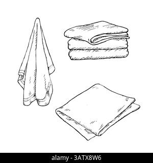 Hanging kitchen towels and stack of linen napkins black and white ink sketch. Vector illustration. Set of cleaning and bathroom textiles, isolated on Stock Vector