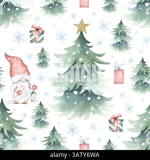 Christmas seamless pattern with gnome, spruces snow-covered, snowflakes and gift boxes. Watercolor illustration isolated from background for New Year Stock Photo