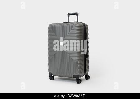 Grey suitcase with white label isolated on white background. High quality photo Stock Photo