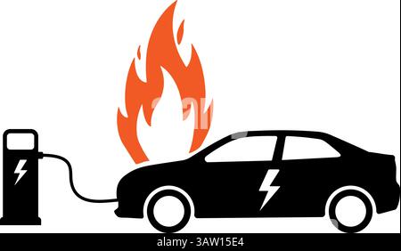 Electric car catching fire while charging at charger station icon symbol Stock Vector