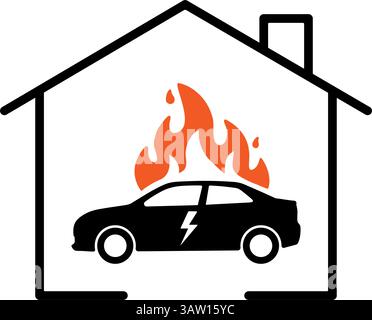 Electric car burning inside house garage icon. fire hazard symbol Stock Vector