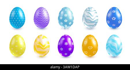 Set of Easter Eggs. purple, blue, yellow, white ornamental eggs. Easter eggs in different colors decorated with flower abstract patterns isolated on w Stock Vector