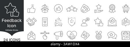 Feedback And Rating Icon Set. Customer Satisfaction, Review, And Quality Assurance Outline Symbol Collection. Editable Stroke. Isolated Vector Stock Vector