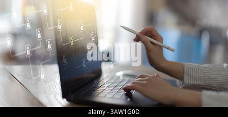 Blockchain Technology and Data Security Network Displayed on a Digital Interface. Stock Photo