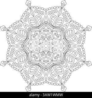 Black mandala illustration with heart-shaped elements, star-like structures, and floral motifs, perfect for spiritual, therapeutic, and decor Stock Vector