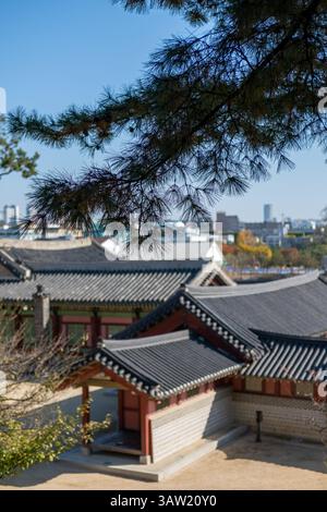 View of Traditional Korean Roof from above of Hwaseong Haenggung, temporary palace where the king used to stay when he traveled outside of Seoul, Sout Stock Photo