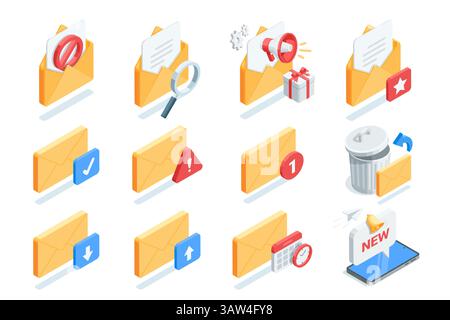 isometric vector set of envelopes and icons, in color on white background, email and messages Stock Vector
