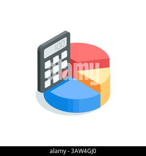 isometric vector pie chart with calculator icon, in color on white background, statistical financial data analysis Stock Vector