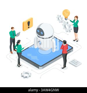isometric vector bot on tablet screen and people developing it, in color on white background, artificial intelligence Stock Vector