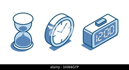 isometric vector set of linear icons of manual and mechanical and electronic watches, in color on a blue background, time of different generations Stock Vector