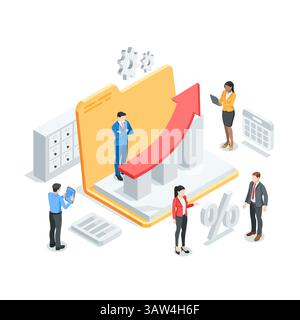 isometric vector business people near open folder and chart with arrow, in color on white background, financial growth or statistical data analysis Stock Vector