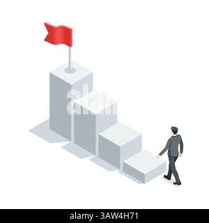 isometric vector business man near chart in form of steps up with flag, in color on white background, path to goal or success in business Stock Vector