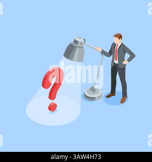 isometric vector business man shines lamp on big question mark, in color on blue background, searching for problem or solution Stock Vector