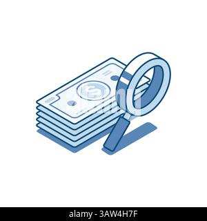 isometric vector linear icon of magnifying glass and dollar bills, in color on white background, search for money or earnings Stock Vector
