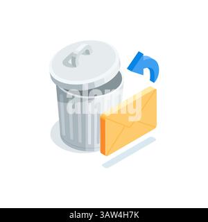 isometric vector trash can and envelope, in color on white background, spam or email trash bin Stock Vector