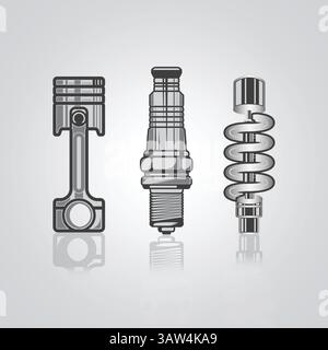 Bike piston, shocks, spark plug, icons, editable with silver background, Vector illustration Stock Vector