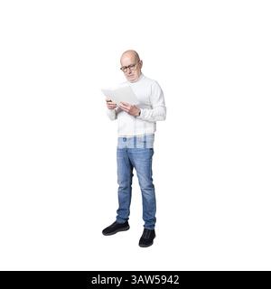 a man standing with glasses while reading a book on a transparent background Stock Photo