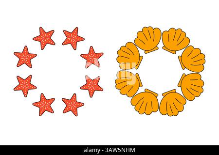 Set of summer round frames. Shell and star wreath. Stock Vector