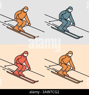 Vector illustration of four skiers in different colors and backgrounds, perfect for winter sports, ski resort, and outdoor activity designs. Stock Vector