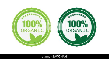 100% Organic Green Circular Badges with Leaf Motif – Eco-Friendly Vector Labels for Natural Products Stock Vector