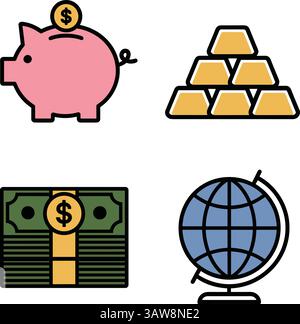 Piggy bank, gold bars, cash stack, and globe, representing savings, investments, and global finance. Perfect for financial literacy and economic growt Stock Vector