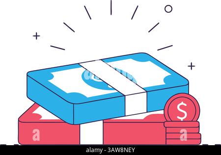 Stack of blue and red dollar bills and coins with burst lines, representing cash flow, income, and wealth. Perfect for finance, investment, and econom Stock Vector
