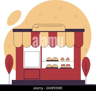 Illustration of a charming bakery shop with pastries and cakes, representing fresh baked goods and local businesses. Perfect for food and shop designs Stock Vector