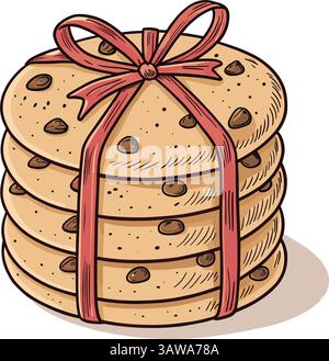 Stack of chocolate chip cookies tied with a ribbon, representing homemade treats and sweet gifts. Perfect for baking and holiday designs. Vector illus Stock Vector