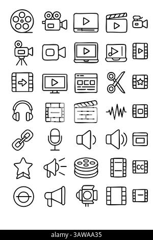Vector line icon set of video editing, multimedia tools, and digital media symbols. Includes cameras, audio, play buttons, clapperboards, and screens. Stock Vector