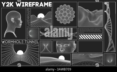 Y2K wireframe vector collage with digital human head, DNA helix structure, wormhole tunnel, mesh landscape, abstract neural elements, and futuristic Stock Vector