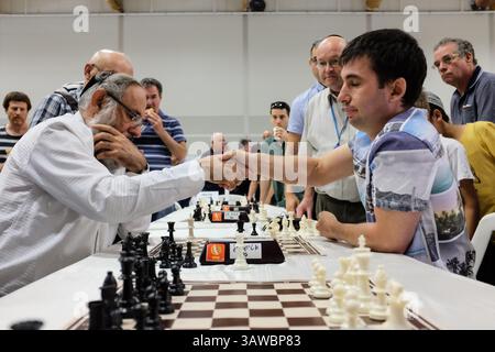 July 1, 2016 - Jerusalem, Israel - Contenders shake hands at the end of a chess match in the 2016 Open Chess Tournament in Jerusalem. (Credit Image: © Nir Alon via ZUMA Wire) Stock Photo
