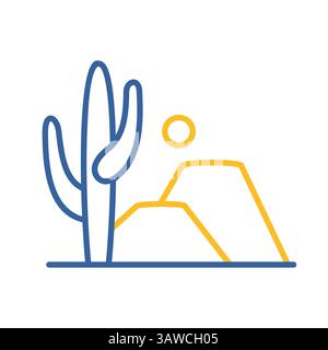 Cactus mountain and sun vector icon. Rocky desert landscape. Nature sign. Graph symbol for travel and tourism web site and apps design, logo, app, UI Stock Vector