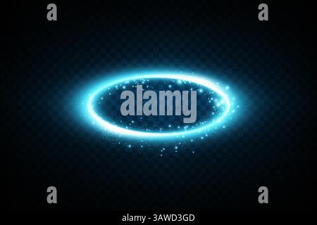 A Beautiful Glowing Blue Light Circle Surrounded by Sparkles on a Dark Background, Creating a Captivating Scene Stock Vector