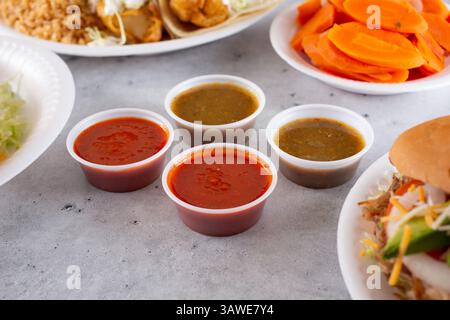 A view of varieties of Mexican salsas. Stock Photo