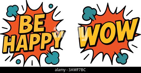 Comic Style Wow and Be Happy Sticker Design Stock Vector