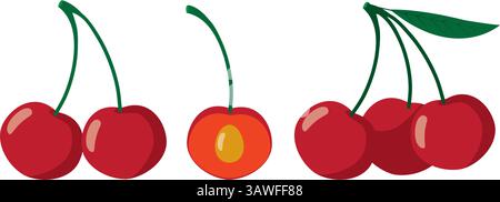 Cherry berry set. Juicy ripe cherries with leaves. Summer berries. Flat Vector illustration isolated on white background Stock Vector