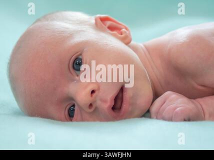 Newborn baby gazing curiously while lying on a soft turquoise blanket Stock Photo