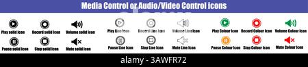 Media Control Icons in Solid, Line, and Colored Variants for UI Design. Stock Vector