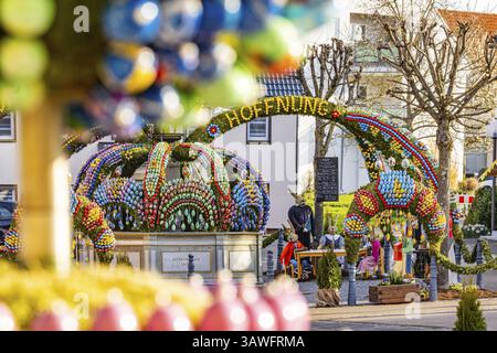The Easter fountain in Schechingen has around 13, 000 hand-painted eggs. This makes it one of the largest and most beautiful in the whole of East Wuer Stock Photo